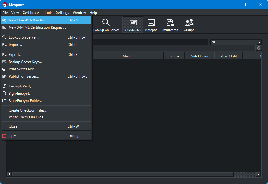 New OpenPGP Key Pair Menu